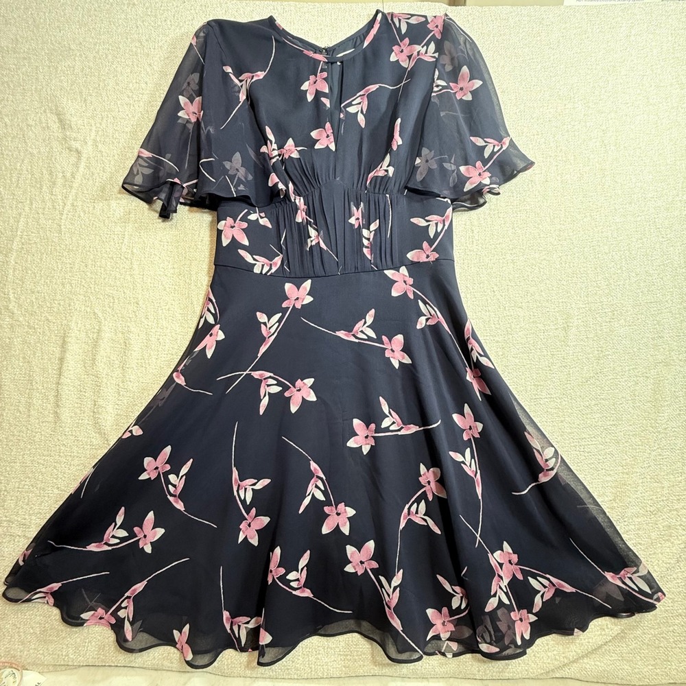 Shoshanna Navy Blue Floral 100% Silk Flutter Sleeve Dress Pink Blossom 2 4400087